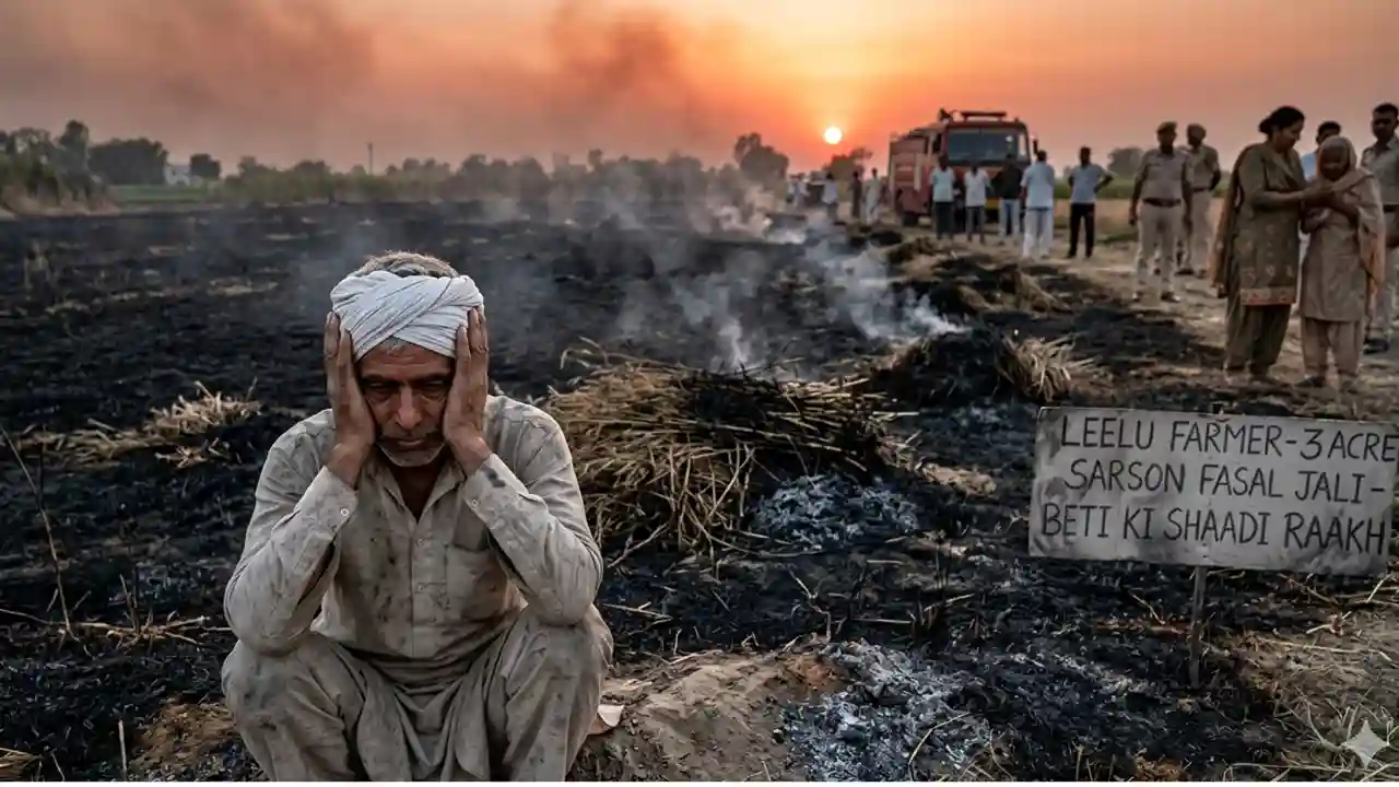 बावल में जली हुई सरसों की फसल और दुखी किसान लीलू