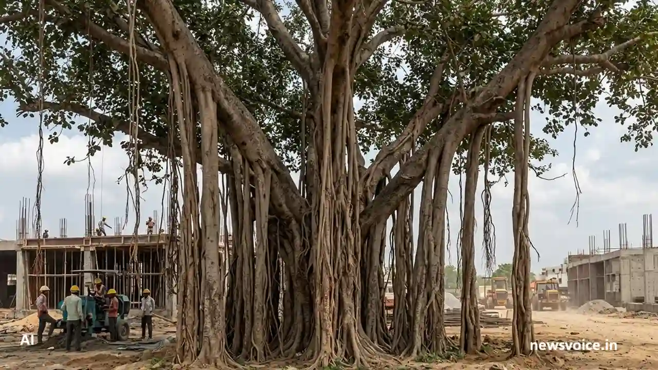 Ancient Banyan Tree obstructing construction work at Dharuhera Bus Stand Rewari, upcoming auction on April 15.