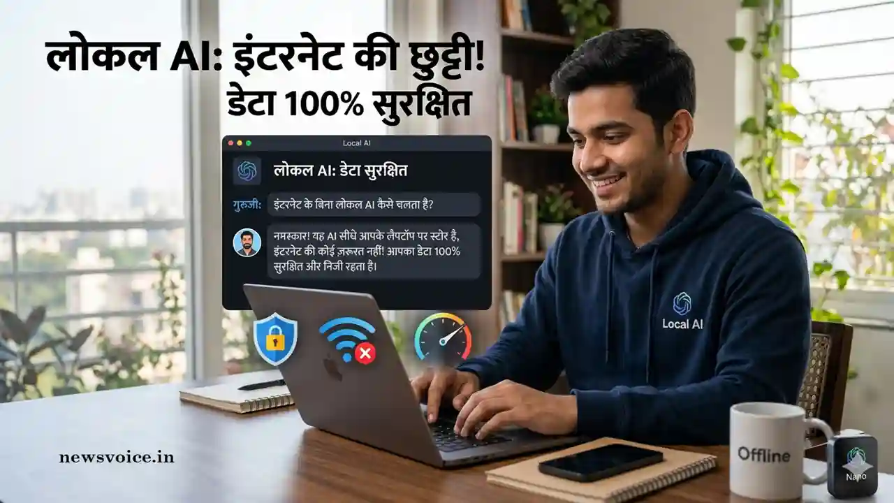 A young man happily using a laptop offline with a "Local AI" interface displayed. The image features bold Hindi text saying "Local AI: No Internet Needed," along with icons for data security, a disabled Wi-Fi symbol, and a small "Nano" device.